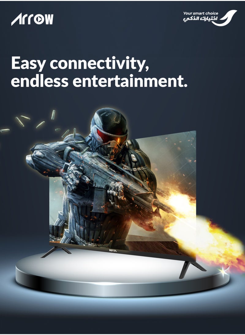 ARRQW - 43 Inch Full HD Smart LED TV with Android 14, 1920x1080 Resolution, 5000:1 Contrast, 16:9 Aspect Ratio, 60Hz Refresh Rate, 2 HDMI (including HDMI 2.1) & 2 USB Ports, Screen Casting, Wi-Fi, Stereo Sound, Wall Stand | Model Name: RO-43LPS - Image 1