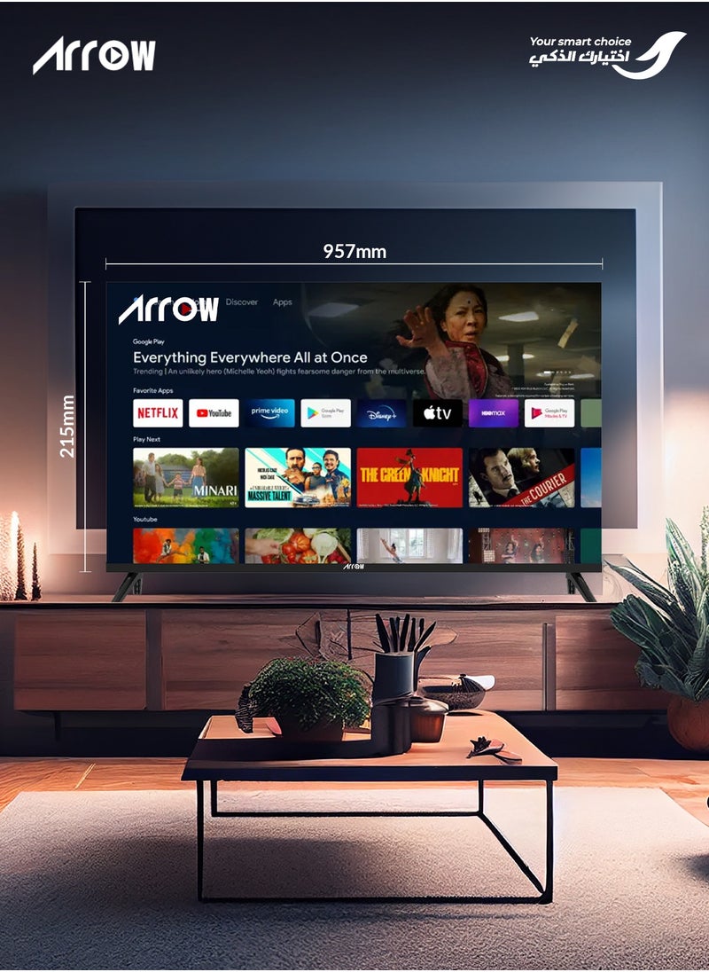 ARRQW - 43 Inch Full HD Smart LED TV with Android 14, 1920x1080 Resolution, 5000:1 Contrast, 16:9 Aspect Ratio, 60Hz Refresh Rate, 2 HDMI (including HDMI 2.1) & 2 USB Ports, Screen Casting, Wi-Fi, Stereo Sound, Wall Stand | Model Name: RO-43LPS - Image 1