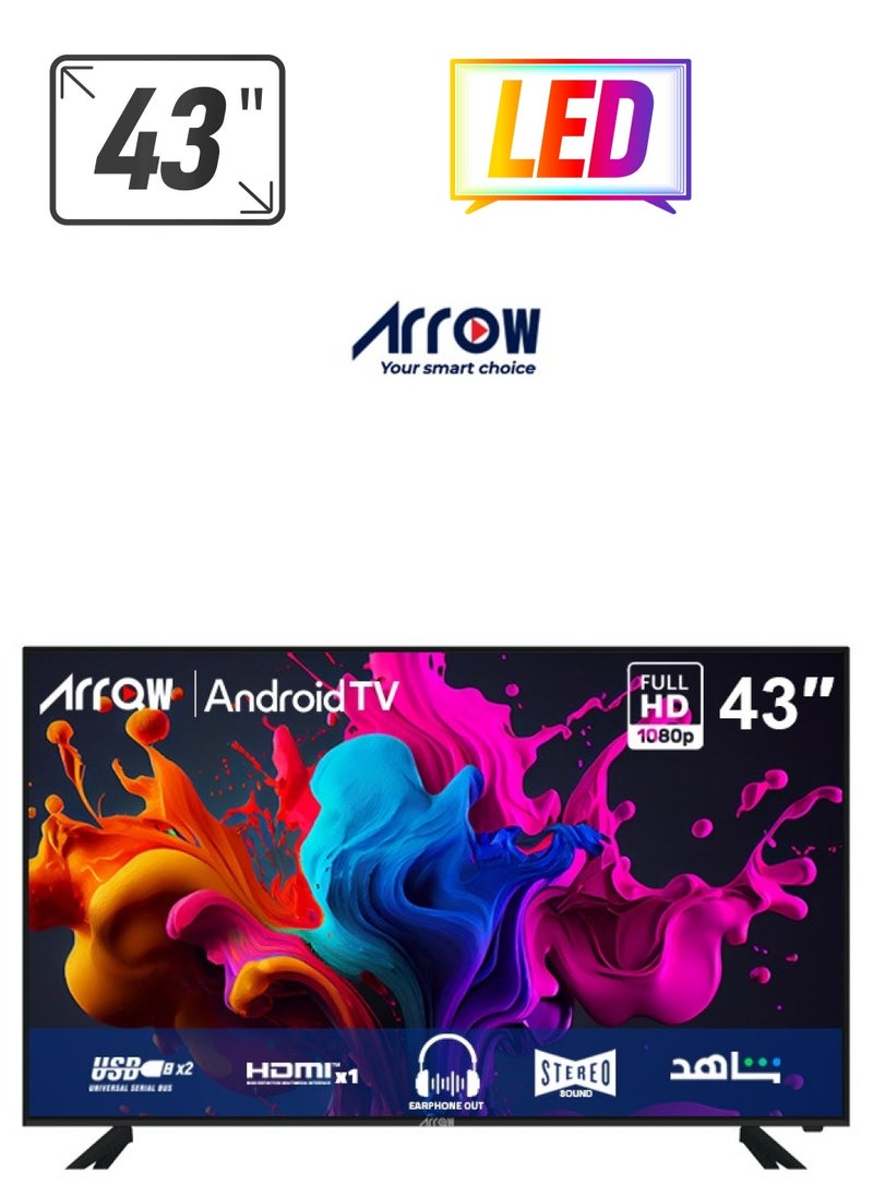 ARRQW - 43 Inch Full HD Smart LED TV with Android 14, 1920x1080 Resolution, 5000:1 Contrast, 16:9 Aspect Ratio, 60Hz Refresh Rate, 2 HDMI (including HDMI 2.1) & 2 USB Ports, Screen Casting, Wi-Fi, Stereo Sound, Wall Stand | Model Name: RO-43LPS - Image 1