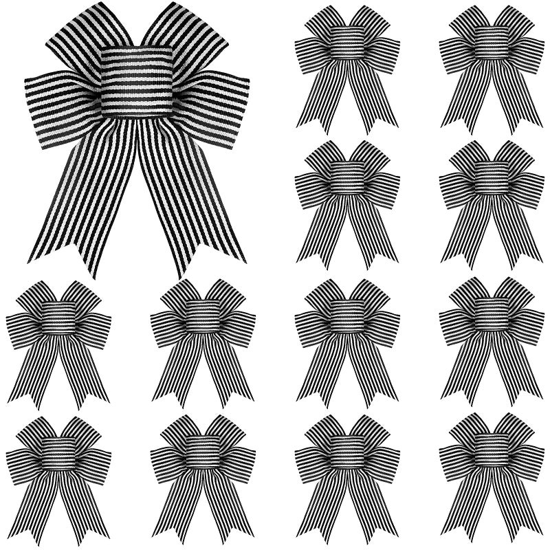 MTLEE 12 Pieces Christmas Burlap Bows Black White Stripe Bow Christmas Tree Topper Bows Christmas Wreath Bow Craft for Tree Gift Wrapping Wall Home Front Door Decor16 Inch WideStripe