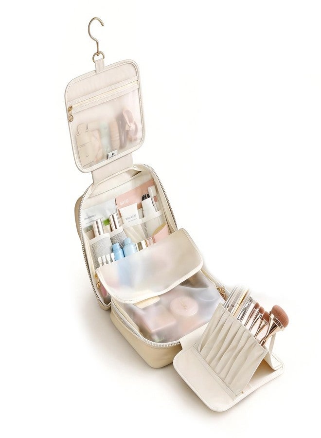 GIVLEFLY Luxury Hanging Makeup Bag for Women, Large 4-Layer Foldable Waterproof Cosmetic & Skincare Organizer with Handle, Fits Suitcase & Train Seat for Travel（beige） - Image 1