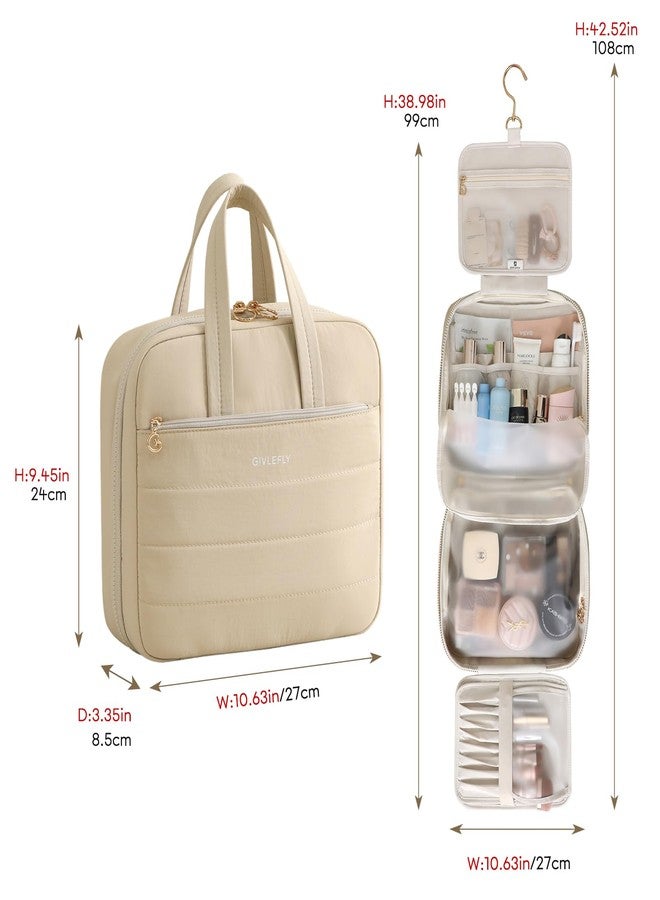 GIVLEFLY Luxury Hanging Makeup Bag for Women, Large 4-Layer Foldable Waterproof Cosmetic & Skincare Organizer with Handle, Fits Suitcase & Train Seat for Travel（beige） - Image 3