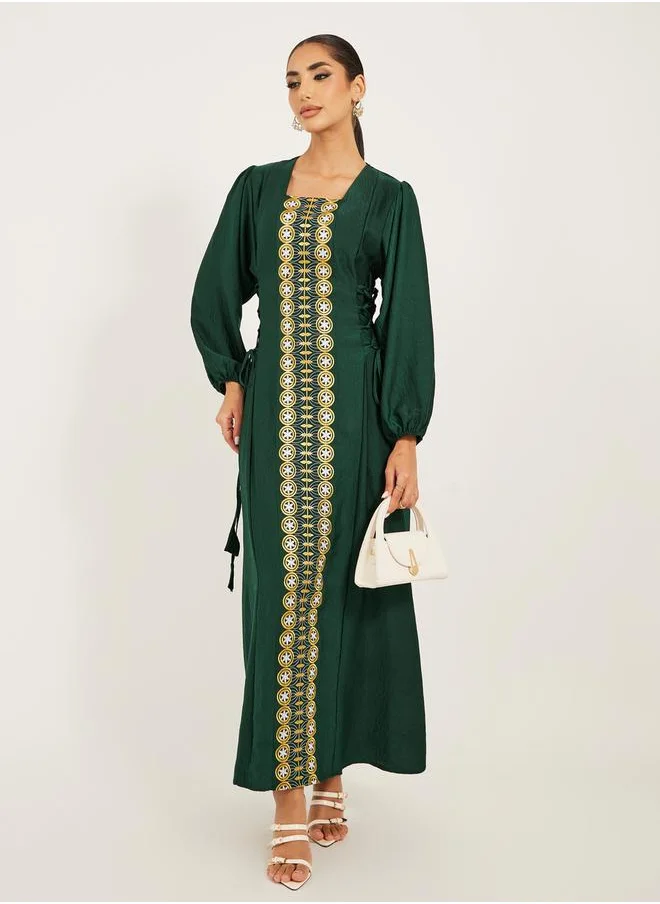 Styli front panel embroidery jalabiya with side tie up detail