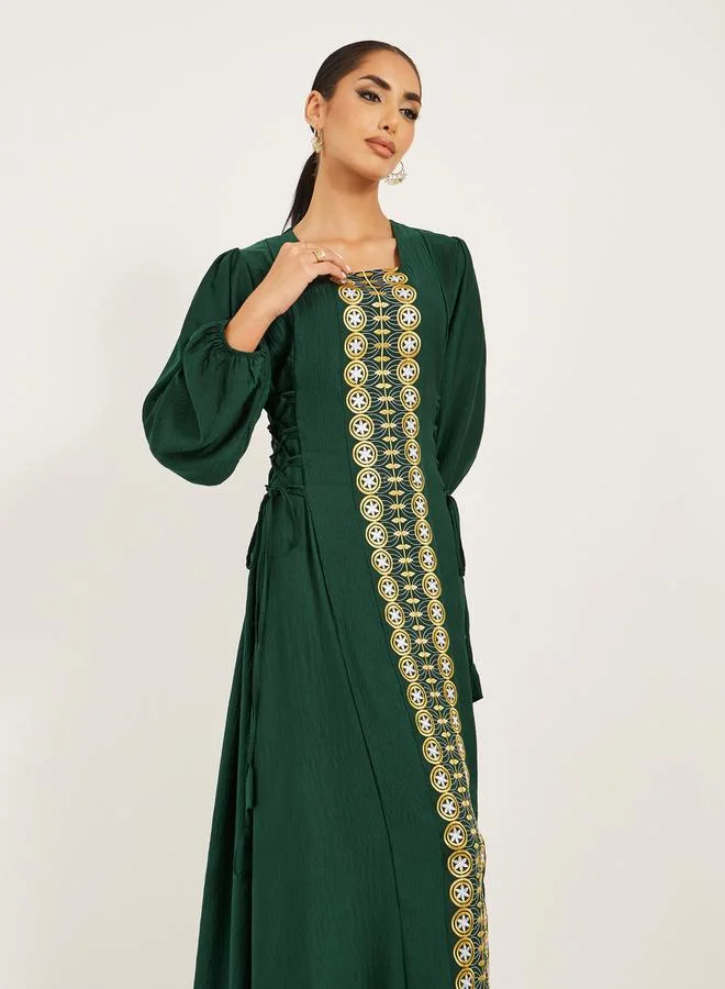 Styli front panel embroidery jalabiya with side tie up detail