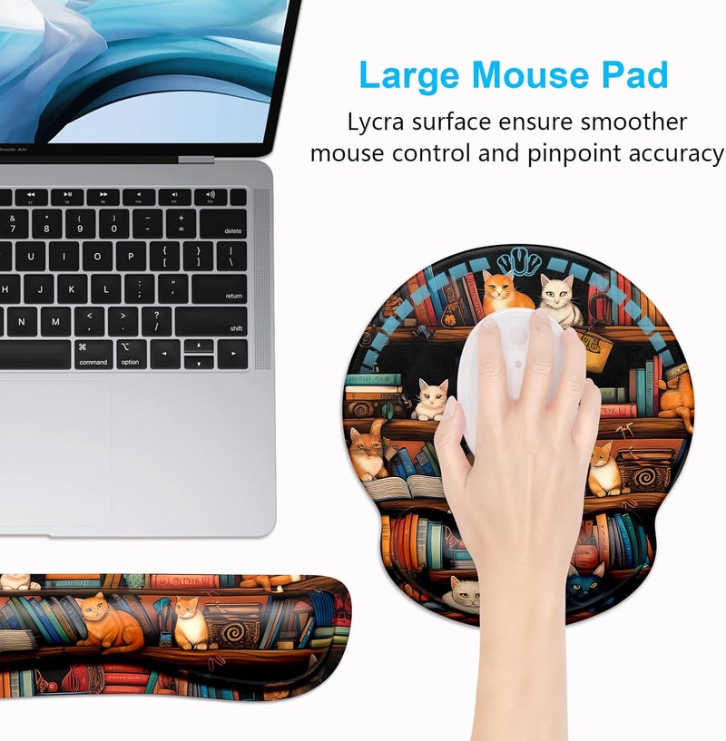 Dapesuom Keyboard Wrist Rest and Mouse Pad with Wrist Support, Cute Memory Foam Cushion for Keyboard and Mouse Set, Ergonomic Pad Rests with Non Slip Base for Easy Typing & Pain Relief, Library Cats - Image 5
