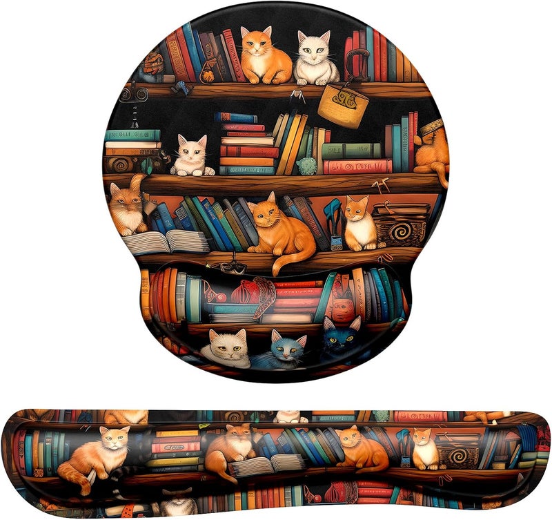Dapesuom Keyboard Wrist Rest and Mouse Pad with Wrist Support, Cute Memory Foam Cushion for Keyboard and Mouse Set, Ergonomic Pad Rests with Non Slip Base for Easy Typing & Pain Relief, Library Cats - Image 1