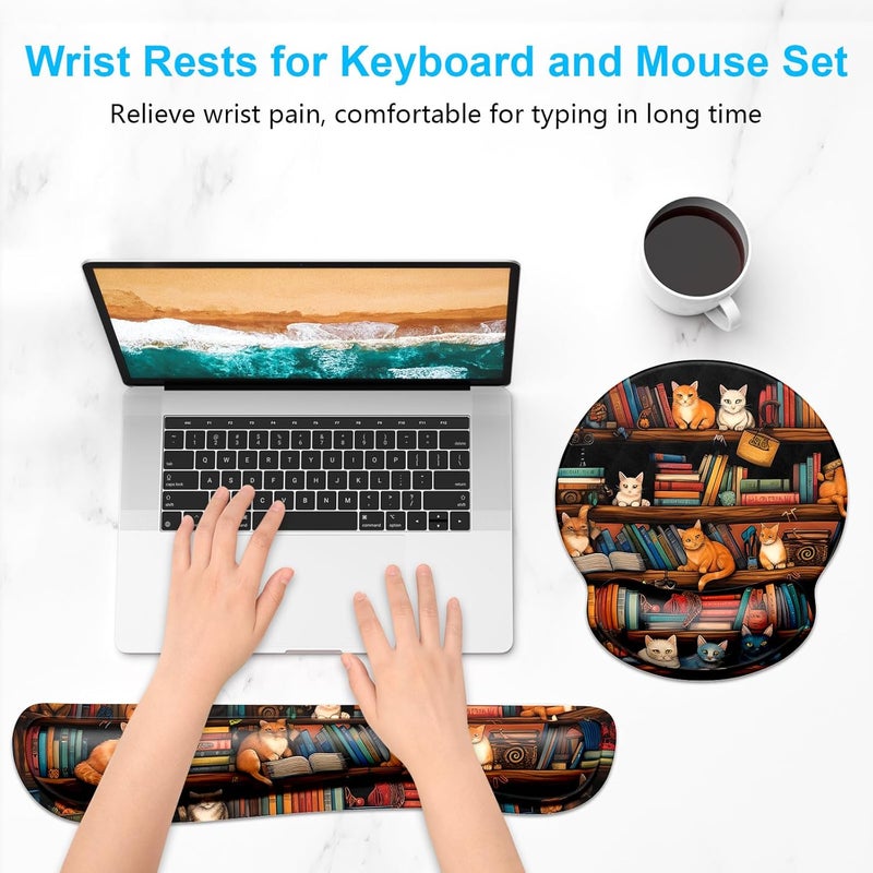 Dapesuom Keyboard Wrist Rest and Mouse Pad with Wrist Support, Cute Memory Foam Cushion for Keyboard and Mouse Set, Ergonomic Pad Rests with Non Slip Base for Easy Typing & Pain Relief, Library Cats - Image 2