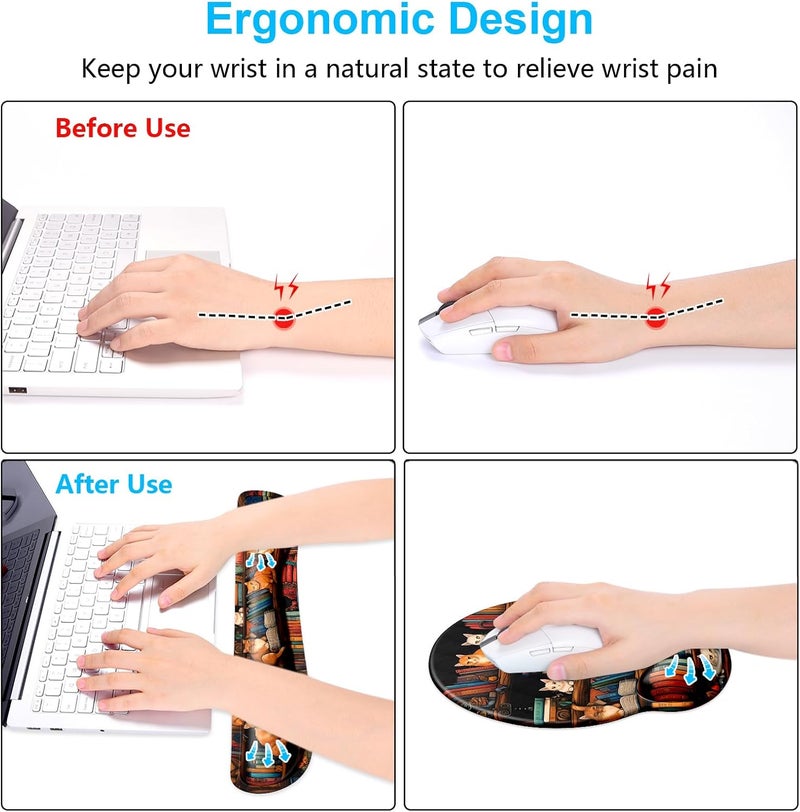 Dapesuom Keyboard Wrist Rest and Mouse Pad with Wrist Support, Cute Memory Foam Cushion for Keyboard and Mouse Set, Ergonomic Pad Rests with Non Slip Base for Easy Typing & Pain Relief, Library Cats - Image 4