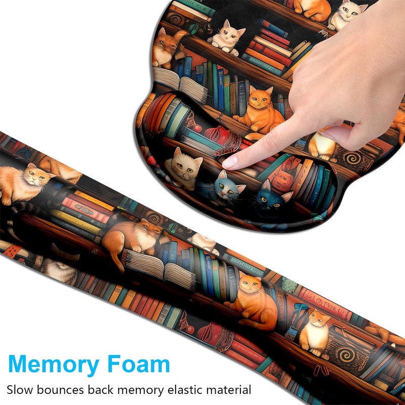 Dapesuom Keyboard Wrist Rest and Mouse Pad with Wrist Support, Cute Memory Foam Cushion for Keyboard and Mouse Set, Ergonomic Pad Rests with Non Slip Base for Easy Typing & Pain Relief, Library Cats - Image 3