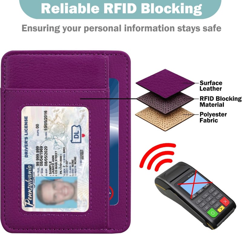 Hot Cool Slim Wallet for Men, Minimalist Front Pocket Simple Leather Credit Card Holder RFID Blocking for Men & Women, Thin Organizer Gifts, Litchi - Grape Purple - Image 4
