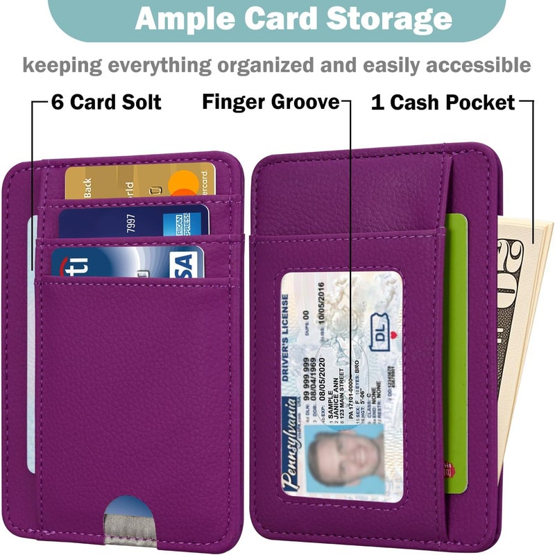 Hot Cool Slim Wallet for Men, Minimalist Front Pocket Simple Leather Credit Card Holder RFID Blocking for Men & Women, Thin Organizer Gifts, Litchi - Grape Purple - Image 2