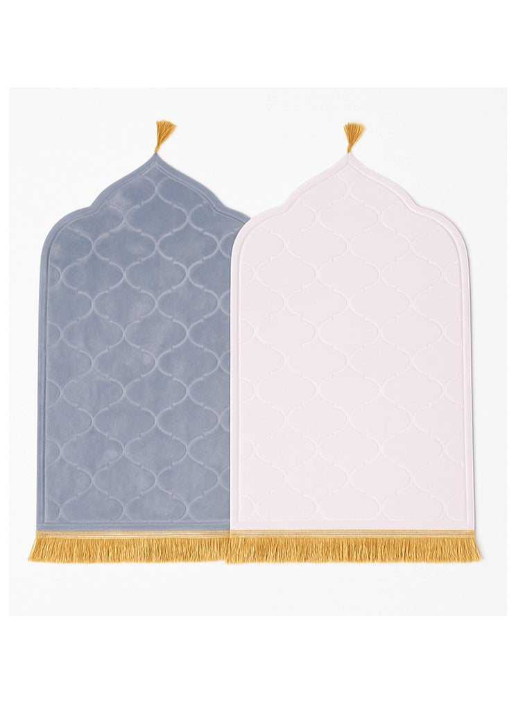 طقم سجادتين صلاة غير منزلق بلوني الرمادي والأبيض, بساط فانيلا 65x110 سم خفيف الوزن مع زخارف هندسية للبيت والسفر - Image 1