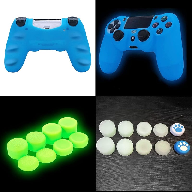 HLRAO Blue Controller Skin Silicone Grip Glow in Dark Protective Case Compatible with PS4/Slim/Pro Controller with 8 Glow in The Dark Thumb Grips Caps + 2 Cute Cat Paw Thumb Grips Caps. - Image 3