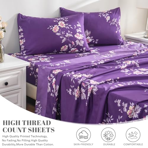 Bedlifes Queen Sheet Set Ultra Soft, Breathable, Silky Flower Deep Pocket 100% Microfiber Bedding, 4 Piece Queen Size Dark Purple Floral - Image 3
