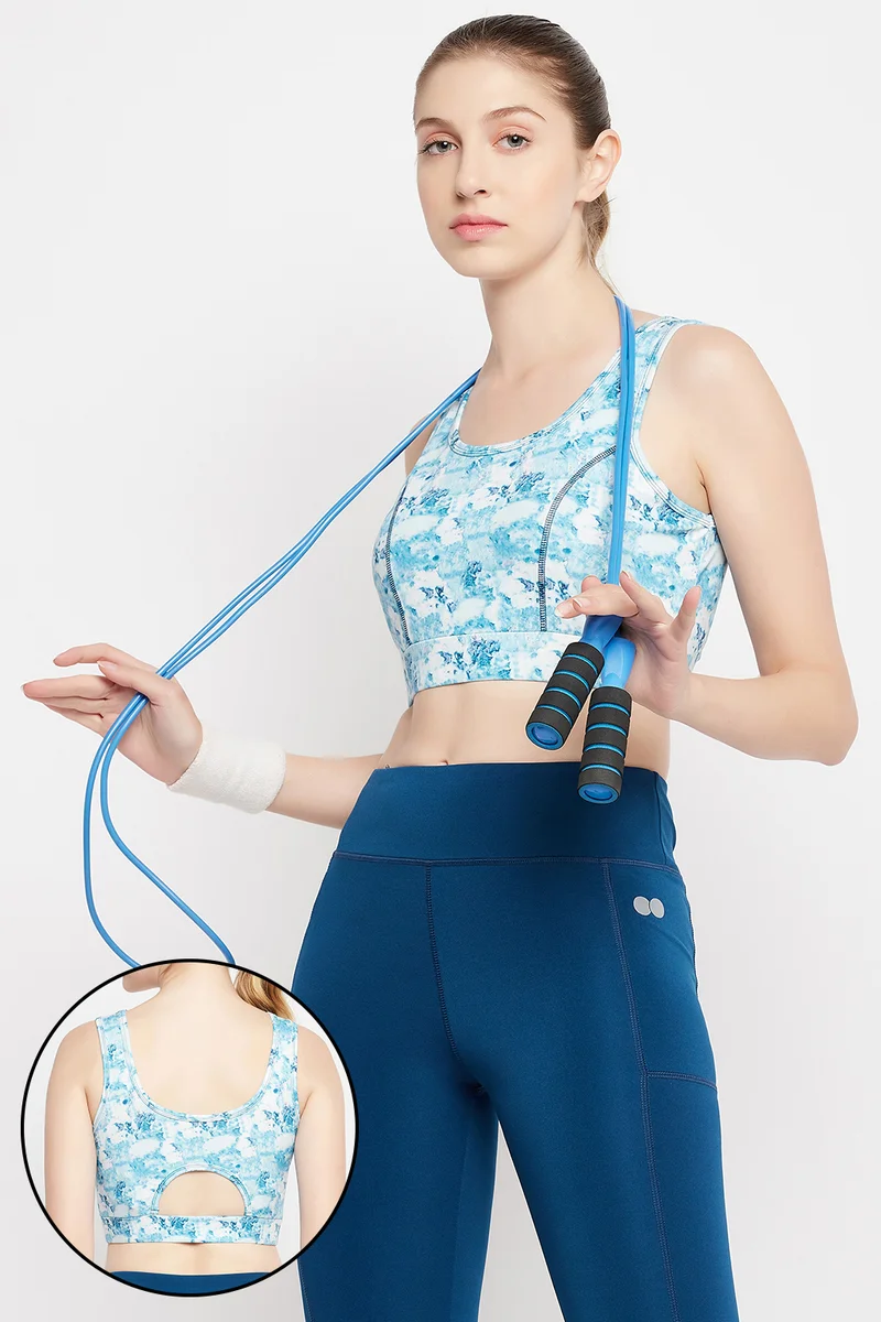 Clovia Clovia Medium Impact Padded Marble Print Sports Bra in Sky Blue