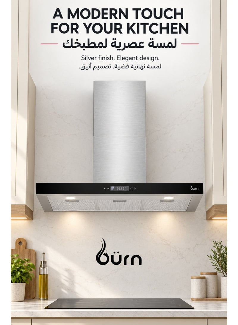 BURN 90CM T-Shape Cooker Hood Silver | 650m³/h Suction | Stainless Steel 430 | Touch & Gesture Control | LED Lights - Image 1