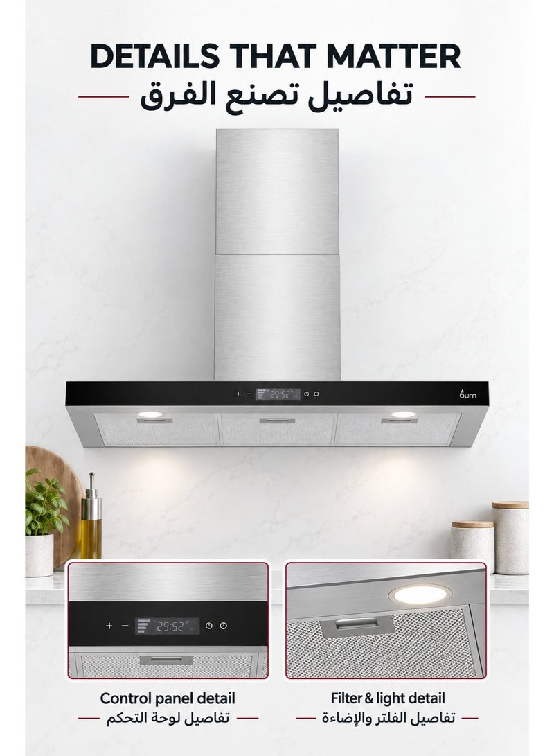 BURN 90CM T-Shape Cooker Hood Silver | 650m³/h Suction | Stainless Steel 430 | Touch & Gesture Control | LED Lights - Image 2
