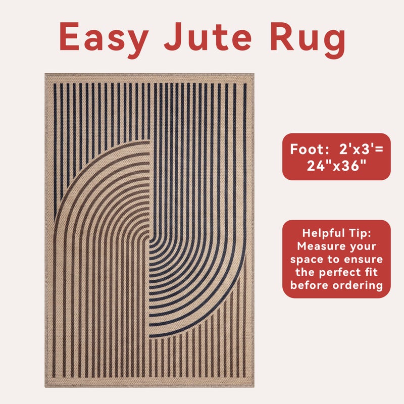 Tangsoo Rainbow Easy Jute Rug,2x3 Washable Small Area Rug for Entryway Non-Slip Ultra Thin Brown Black Outdoor Mat Modern Farmhouse Carpet for Entrance Kitchen Bedroom Front Porch Patio - Image 3