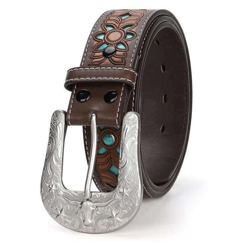 TRIWORKS Western Belts for Women Cowgirl,Cowboy Bling Country Turquoise Belts for Jeans Pants Dresses,A-Brown/Blue - Image 1