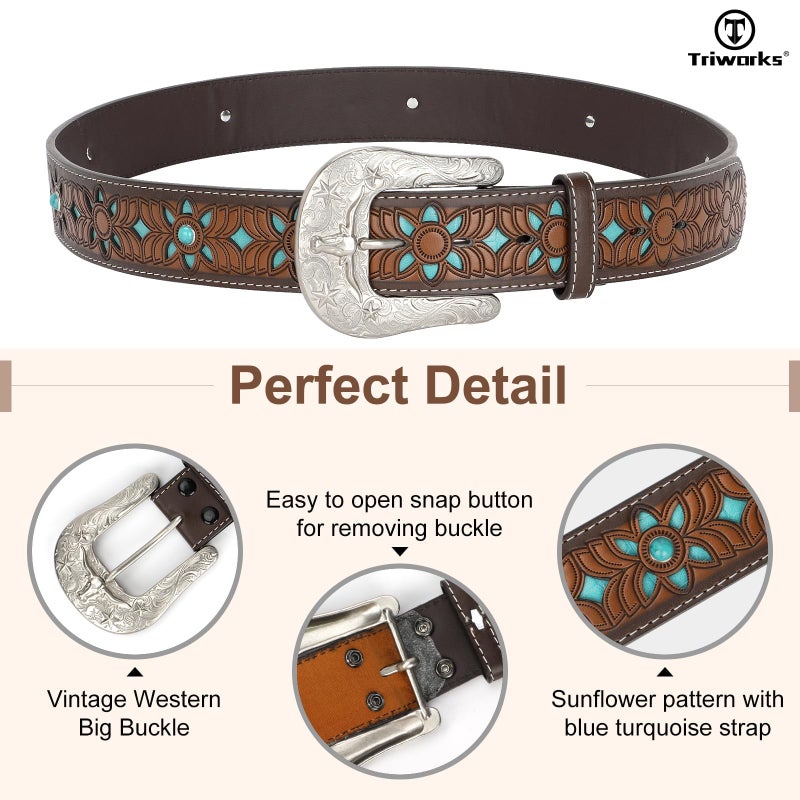 TRIWORKS Western Belts for Women Cowgirl,Cowboy Bling Country Turquoise Belts for Jeans Pants Dresses,A-Brown/Blue - Image 4