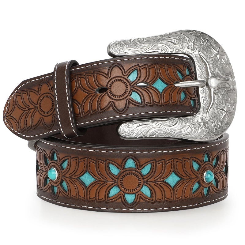 TRIWORKS Western Belts for Women Cowgirl,Cowboy Bling Country Turquoise Belts for Jeans Pants Dresses,A-Brown/Blue - Image 2