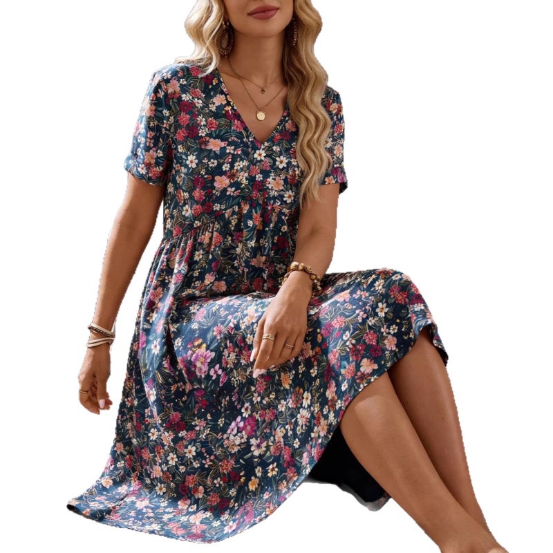 Bohemian Summer Short Sleeve V-Neck Dress - Image 5