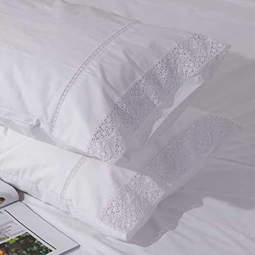 Ranznaz White Lace Pillowcases Standard Size Set of 2, 100% Cotton White Eyelet Pillow Shams, Elegant Farmhouse Envelope Closure Pillow Cover for Bedding, 20 x 26 Inches - Image 5