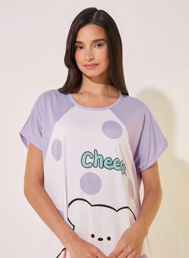 Take Two Graphic Print Round Neck Sleep T-Shirt Dress
