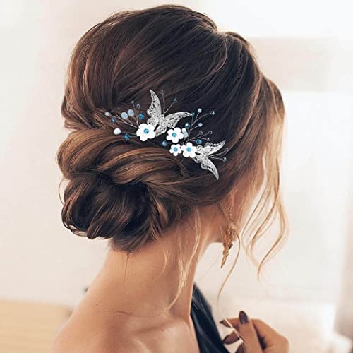 Earent Bride Wedding Flower Hair Pins Butterfly Bridal Hair Piece Blue Beads Hair Accessories for Women (Pack of 2) - Image 1