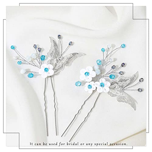 Earent Bride Wedding Flower Hair Pins Butterfly Bridal Hair Piece Blue Beads Hair Accessories for Women (Pack of 2) - Image 2