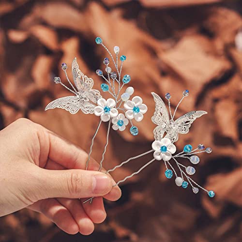 Earent Bride Wedding Flower Hair Pins Butterfly Bridal Hair Piece Blue Beads Hair Accessories for Women (Pack of 2) - Image 4