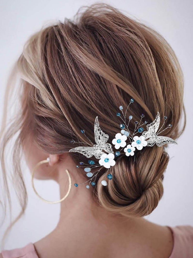 Earent Bride Wedding Flower Hair Pins Butterfly Bridal Hair Piece Blue Beads Hair Accessories for Women (Pack of 2) - Image 3