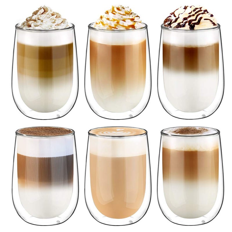 glastal 6x350ml Double Walled Coffee Glasses Mugs Cappuccino Latte Macchiato Glasses Cups for Coffee Tea Milk Juice Ice Cream Borosilicate Heat Resistant Glass Cups