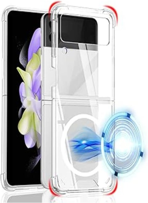 Magnetic Case for Galaxy Z Flip 4, Clear Z Flip 4 Case Compatible with Magsafe Charging Car Mount, Transparent Shockproof Z Flip 4 Anti-Scratch Protective Cover Case for Samsung Galaxy Z Flip 4 5G