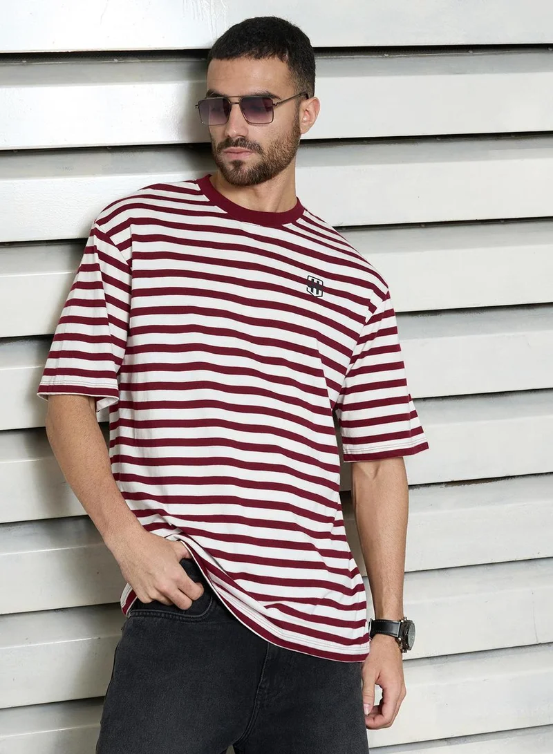 هاي ستار Men's Red 100% Cotton Striped Relaxed T-Shirt