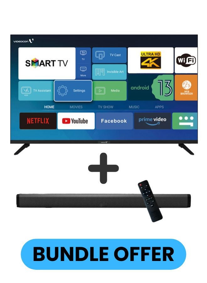VIDEOCON 50 Inch 4K UHD LED Smart TV with Android OS, DVBT2/S2 Receiver, 60Hz, HDR, Paired With 2.0 Channel 30W Soundbar, 3D Surround Sound, Bluetooth, USB, FM Radio, E50EL1100+SOUNDBAR E50EL1100+SOUNDBAR Black - Image 1