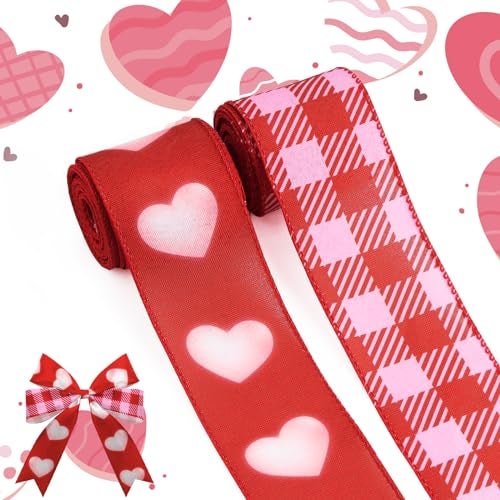 Heureppy 2 Rolls Valentine's Day Fabric Ribbons Pink Plaids Burlap Hearts Linen Ribbons Valentines Edge Wired Decor Ribbons for Valentine's Day Party Wedding Gift Wrapping Crafts Decoration Supplies 5 Yards - Image 1