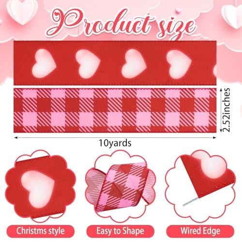 Heureppy 2 Rolls Valentine's Day Fabric Ribbons Pink Plaids Burlap Hearts Linen Ribbons Valentines Edge Wired Decor Ribbons for Valentine's Day Party Wedding Gift Wrapping Crafts Decoration Supplies 5 Yards - Image 2