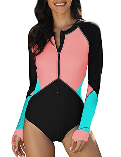 SELINK Womens Long Sleeve Rash Guard UV Protection Zipper Printed Surfing One Piece Swimsuit Bathing Suit PinkL - Image 1