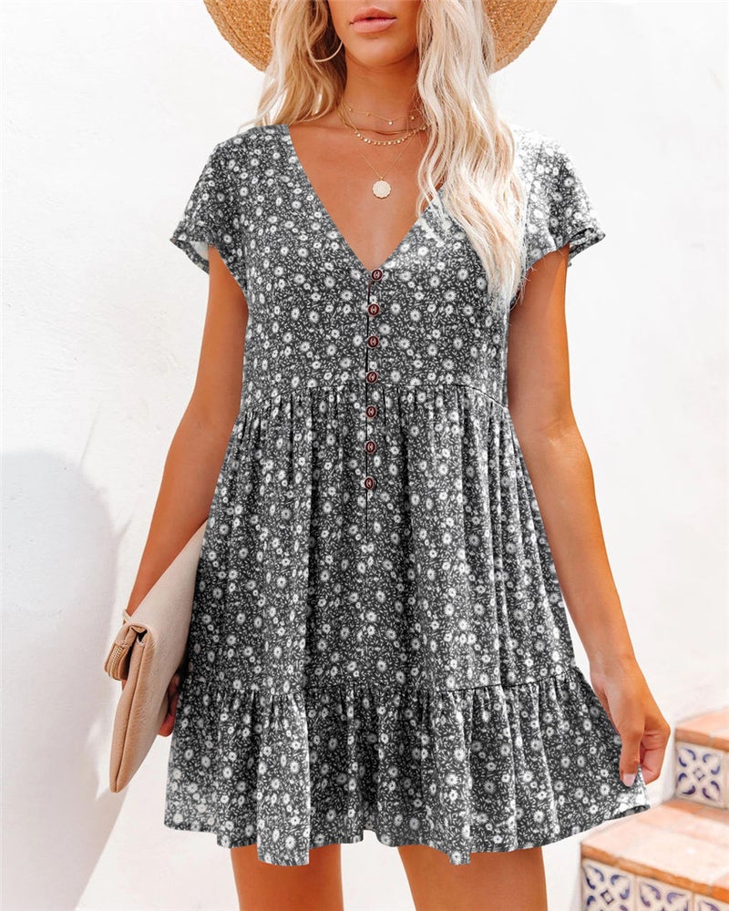 Spring and Summer Independent Station V Neck Button Small Floral Short Sleeve Loose Casual Dress Women's Clothing - Image 1