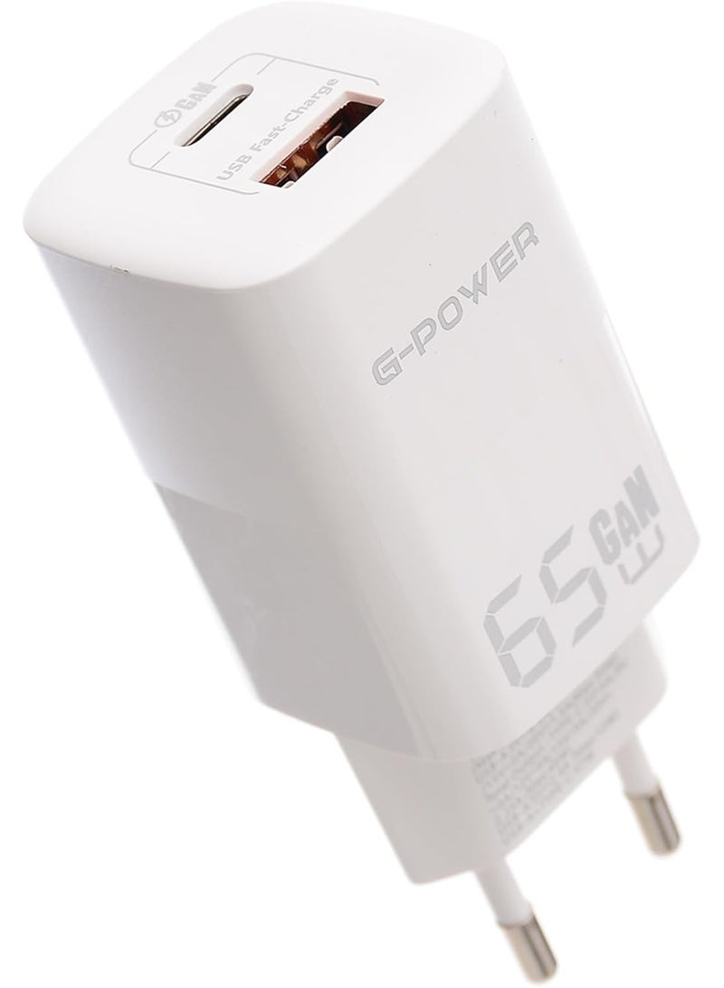 جي باور شاحن USB مزدوج G-Power GP-C7 بقوة 65 وات (USB-A وUsb-C) Qualcomm Quick Charge 3.0 متوافق مع MacBook Pro وiPad وGalaxy وPixel وiPhone والمزيد - أبيض - Image 1