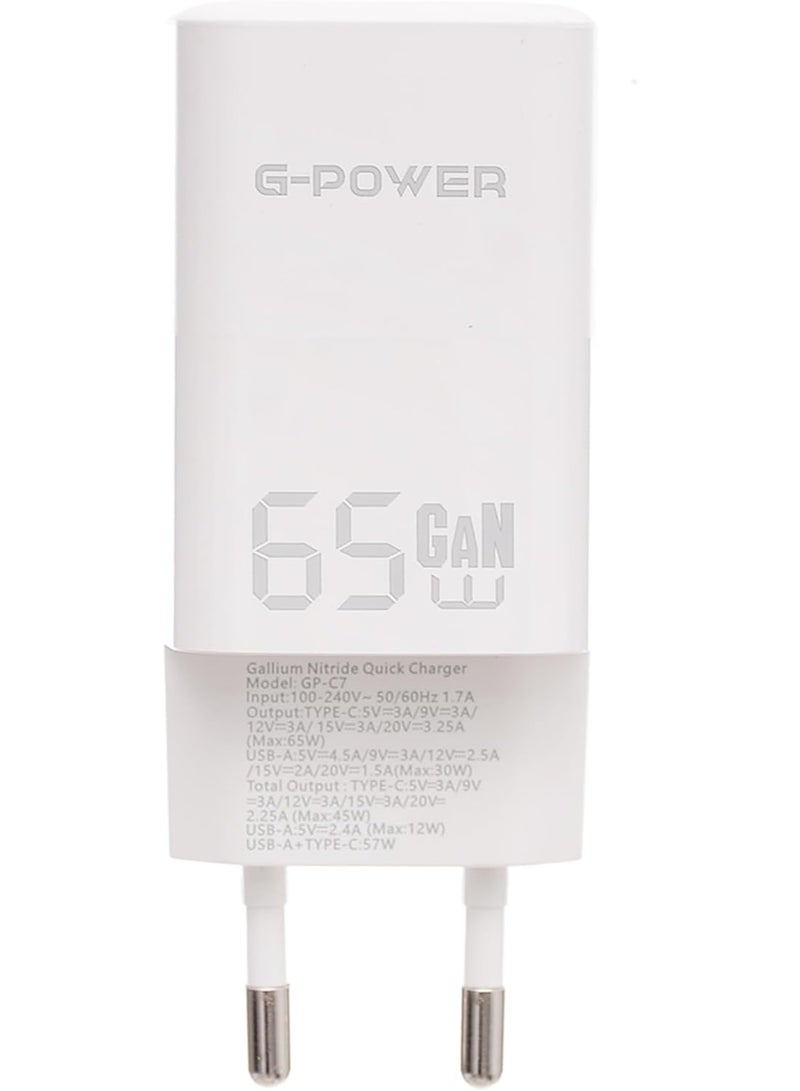 جي باور شاحن USB مزدوج G-Power GP-C7 بقوة 65 وات (USB-A وUsb-C) Qualcomm Quick Charge 3.0 متوافق مع MacBook Pro وiPad وGalaxy وPixel وiPhone والمزيد - أبيض - Image 2
