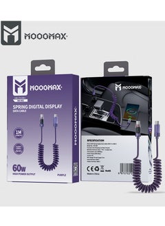 Type C charging cable from Moogmax 1 meter digital display 60W purple color with wave design charging cable Type C cable original charger cable one meter Type C supports new iPhone devices and compatible with Galaxy devices Galaxy charging cable Type C iPhone charging cable original iPhone Type C cable iPhone charging cord Type C portable cable