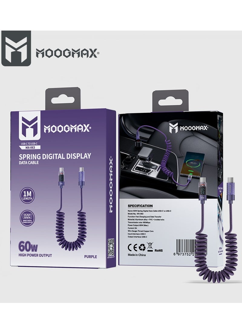 MOOGMAX - Type C charging cable from Moogmax 1 meter digital display 60W purple color with wave design charging cable Type C cable original charger cable one meter Type C supports new iPhone devices and compatible with Galaxy devices Galaxy charging cable Type C iPhone charging cable original iPhone Type C cable iPhone charging cord Type C portable cable - Image 1