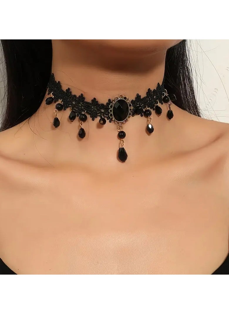 Goolsky Gothic Punk-Inspired Black Lace Tassel Choker Necklace - Vintage Style, Alloy, Perfect for Everyday & Party Wear  - Image 1