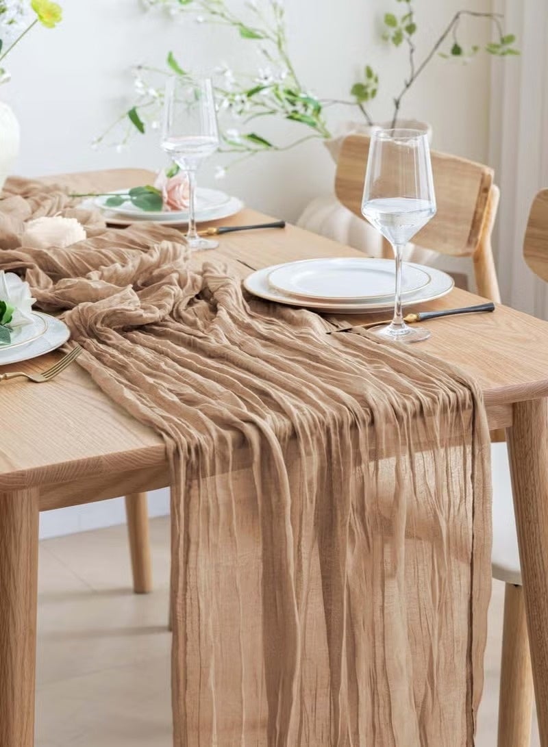 HOMESTAR Cheesecloth Table Runner,  Boho Gauze Table Decor, Translucent Tablecloth for Wedding Reception Bridal Shower Party Decoration Table Centerpiece 90 x 400 cm Brown - Image 5