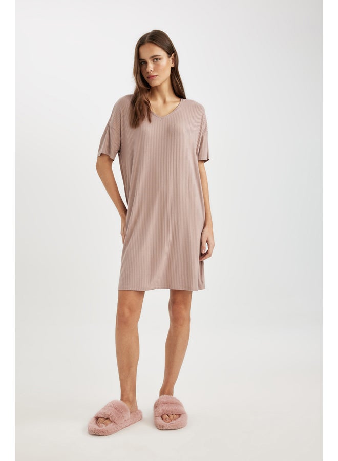 DeFacto Woman Regular Fit V Neck Short Sleeve Homewear Knitted Dress  - Image 4