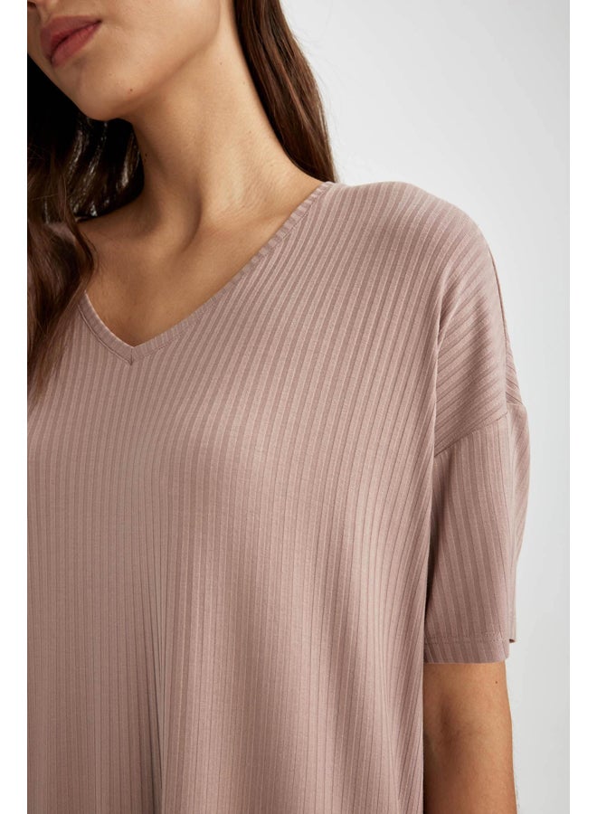 DeFacto Woman Regular Fit V Neck Short Sleeve Homewear Knitted Dress  - Image 5