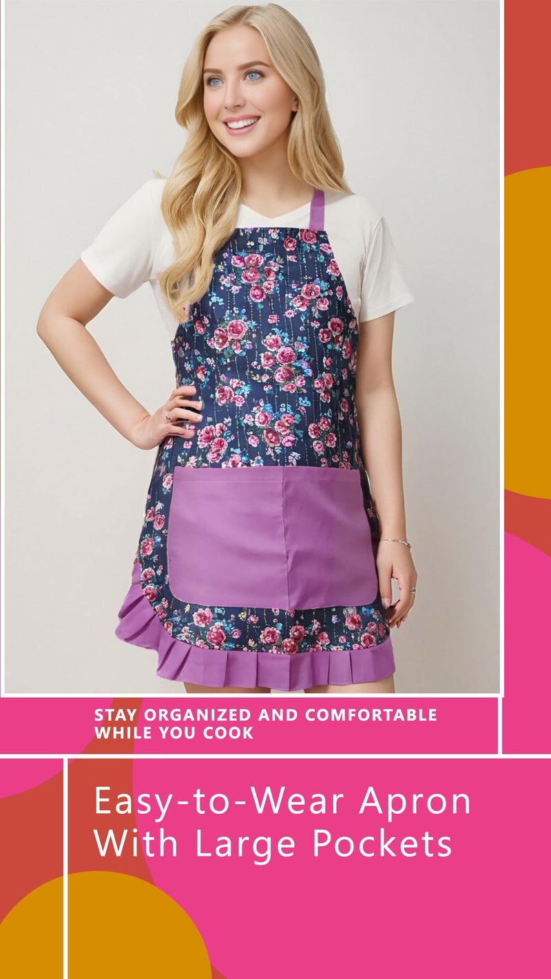 Alex Virtue Vintage Floral Apron for Women with Functional Pockets Adjustable Neck Strap for Cooking Baking Mother's Gift (Purple) - Image 3