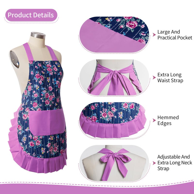 Alex Virtue Vintage Floral Apron for Women with Functional Pockets Adjustable Neck Strap for Cooking Baking Mother's Gift (Purple) - Image 4